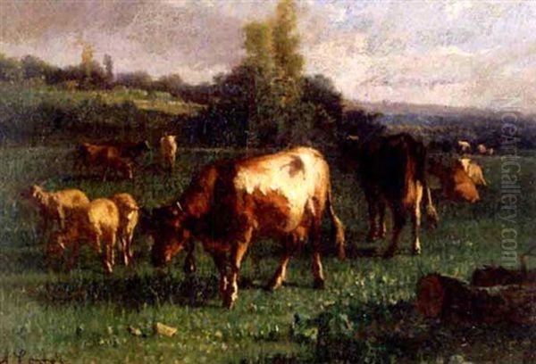 Cattle Grazing In Sunlit Meadow Oil Painting by Antonio Cortes Cordero