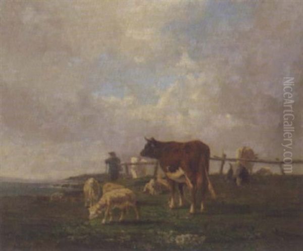 Hirte Mit Herde Auf Der Weide Oil Painting by Antonio Cortes Cordero