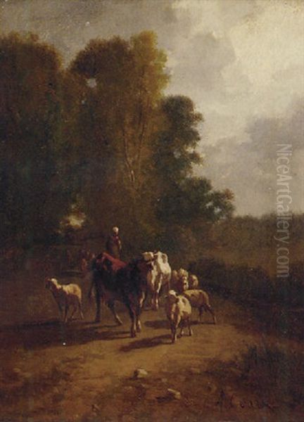 A Drover With Cattle And Sheep On A Wooded Track Oil Painting by Antonio Cortes Cordero