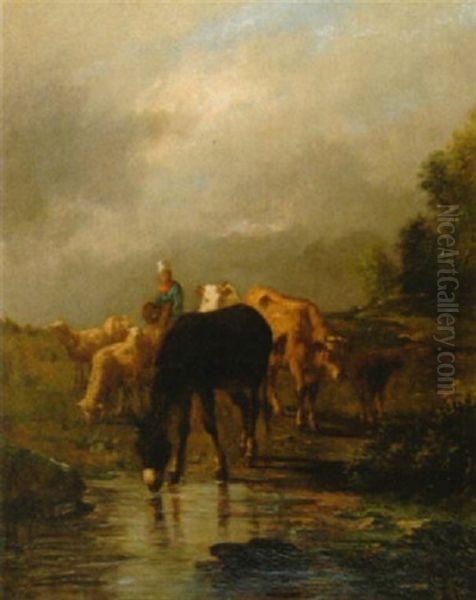 Viehherde An Der Furt Oil Painting by Antonio Cortes Cordero