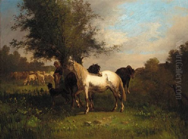 A Farm Girl With Horse And Sheep In A Field Oil Painting by Antonio Cortes Cordero