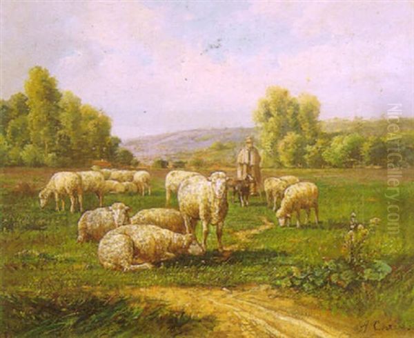 Troupeau De Mouton Avec Berger Oil Painting by Antonio Cortes Cordero