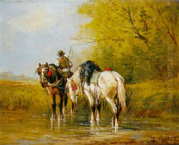 Chevaux De Halage A La Mare Oil Painting by Antonio Cortes Cordero