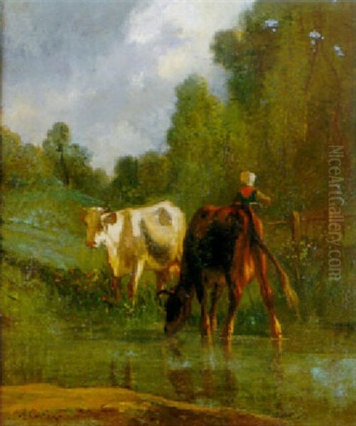 Les Vaches A La Mare Oil Painting by Antonio Cortes Cordero