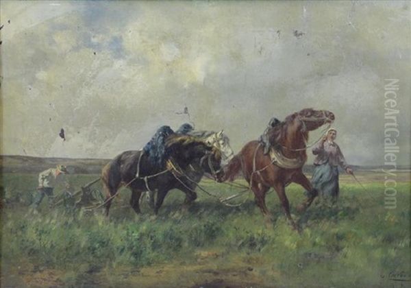 Plowing The Field Oil Painting by Andres Cortes y Aguilar