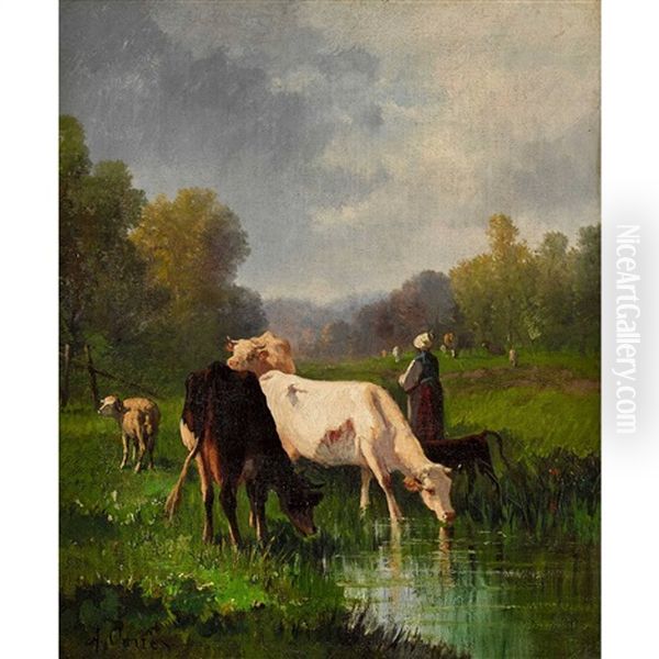 Kuhe Und Hirtin Am Ufer Eines Gewassers Oil Painting by Andres Cortes y Aguilar