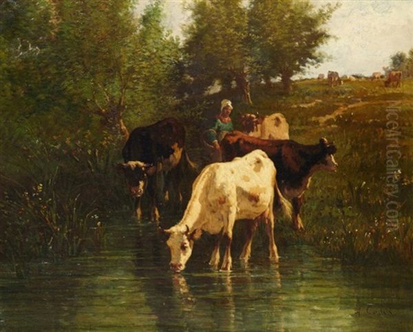 Vaches S'abreuvant Oil Painting by Andres Cortes y Aguilar