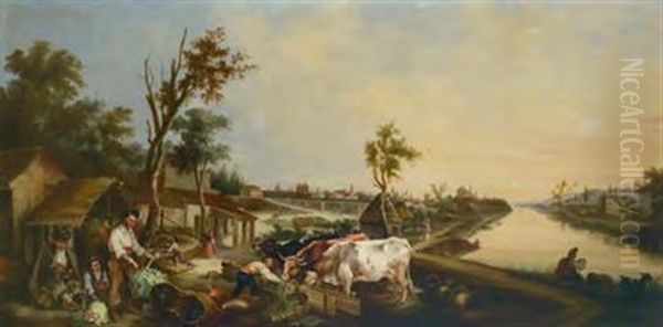 Landliche Szene, Im Vordergrund Bauern Bei Der Gemuseernte, In Die Bildtiefe Fuhrender Kanal, Im Hintergrund Stadtansicht by Andres Cortes y Aguilar