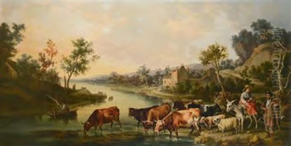 Landliche Szene Vor Flusslandschaft, Im Vorder Grund Bauerin Auf Einem Esel Und Bauer Mit Viehherde Vor Der Flussuberquerung Oil Painting by Andres Cortes y Aguilar