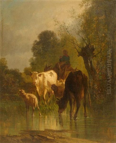 A Herd At The Waterside Oil Painting by Andres Cortes y Aguilar