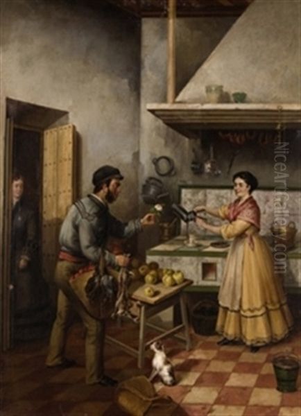 Galanteo En La Cocina Oil Painting by Andres Cortes y Aguilar