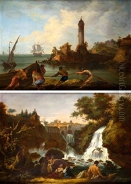 Cascada Con Personajes Y Pescadores Con Barca (pair) Oil Painting by Andres Cortes y Aguilar