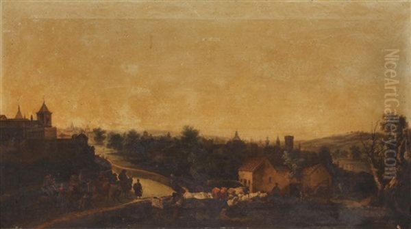 View Of A Spanish Town With Figures On Horseback And Workers With Cattle Oil Painting by Andres Cortes y Aguilar