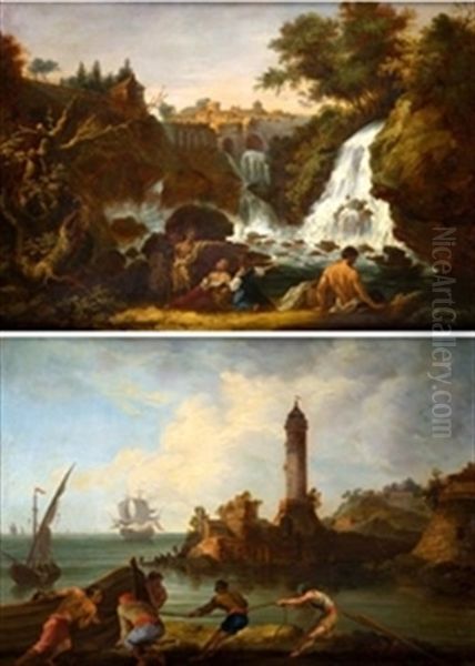 Cascada Con Personajes (+ Pescadores Con Barca; Pair) Oil Painting by Andres Cortes y Aguilar