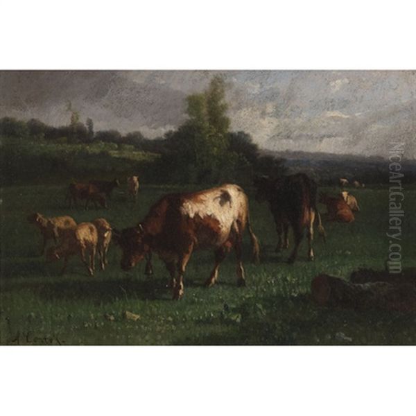 Cows And Sheep In A Pasture Oil Painting by Andres Cortes y Aguilar