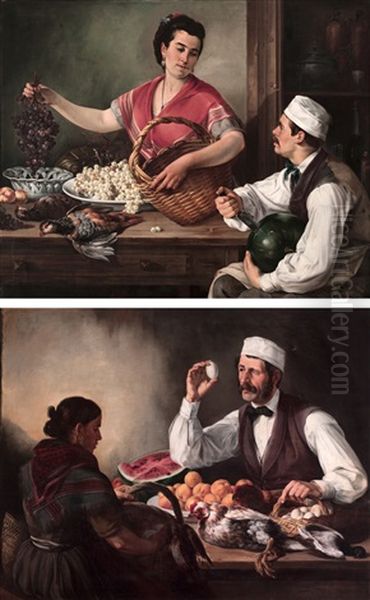 Escenas De Cocina (pair) Oil Painting by Andres Cortes y Aguilar