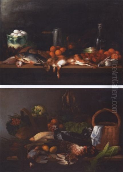 Nature Morte Aux Poissons, Lievre, Fruits, Oeufs Et Chocolatiere Oil Painting by Andres Cortes y Aguilar