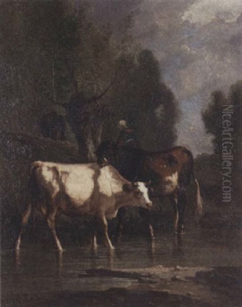 Vaches A L'abreuvoir Oil Painting by Andres Cortes y Aguilar