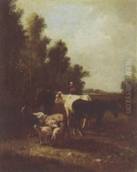 Cows, Donkey And Sheep Oil Painting by Andres Cortes y Aguilar