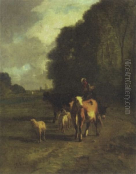 Drover On Country Path Oil Painting by Andres Cortes y Aguilar