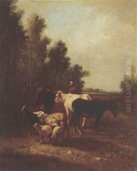 Cows, Donkey And Sheep by Andres Cortes y Aguilar