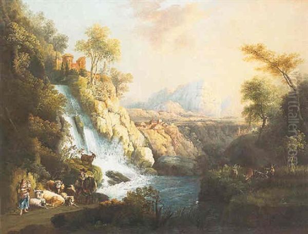 Paisaje Idilico Con Cascada Y Rebano Oil Painting by Andres Cortes y Aguilar