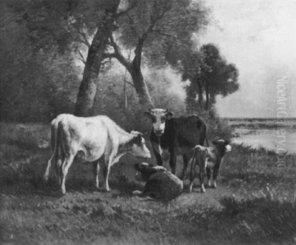 Cattle In Landscape Near River Oil Painting by Andres Cortes y Aguilar