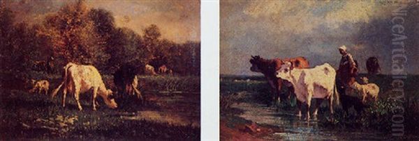 Troupeau De Vaches En Bord D'etang Oil Painting by Andres Cortes y Aguilar