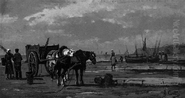 Fischer Mit Pferdefuhrwerk Am Strand Oil Painting by Andres Cortes y Aguilar