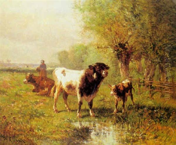 Vacas Y Ternero En Un Paisage Oil Painting by Andres Cortes y Aguilar