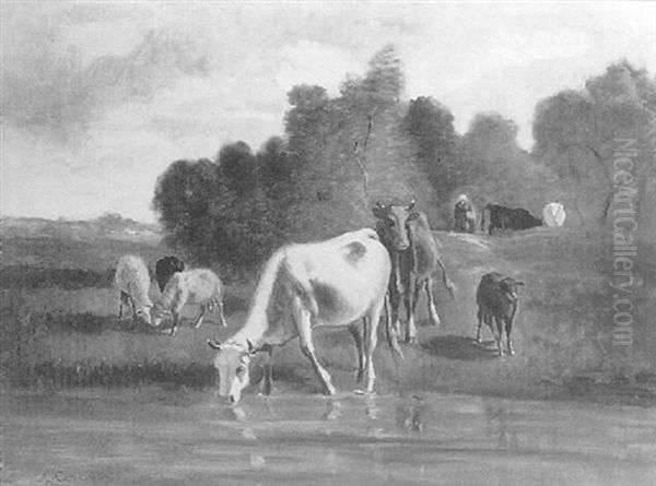 Cattle Grazing An Watering by Andres Cortes y Aguilar