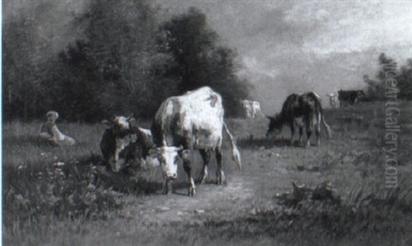 Cows Grazing On A Hillside Oil Painting by Andres Cortes y Aguilar