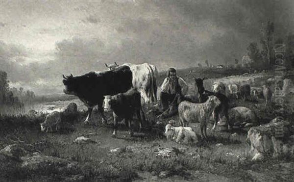 Troupeau De Vaches Et Moutons Oil Painting by Andres Cortes y Aguilar