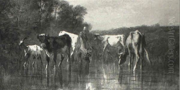 Cattle By A Pool Oil Painting by Andres Cortes y Aguilar