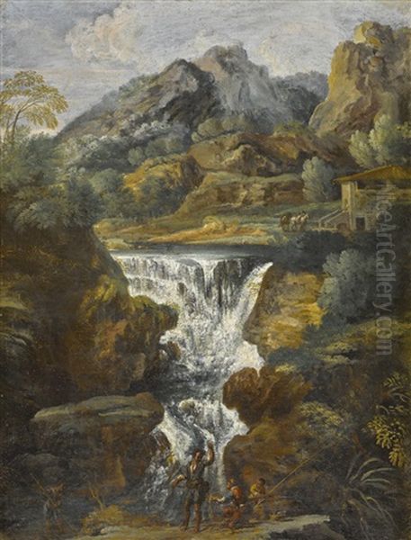 Mountainous Landscape With A Waterfall, With Fishermen In The Foreground Oil Painting by Pietro da Cortona