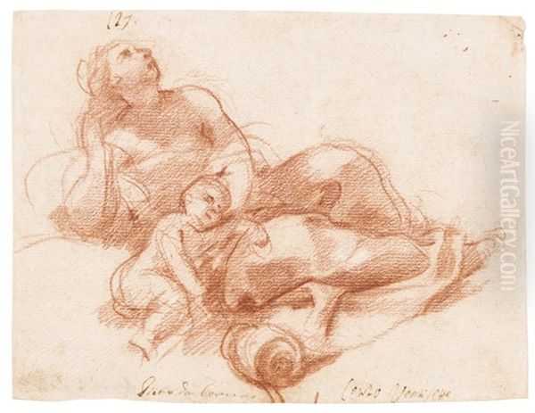 Recto: A Reclining Woman With A Child And An Urn Verso: Study Of An Urn Oil Painting by Pietro da Cortona