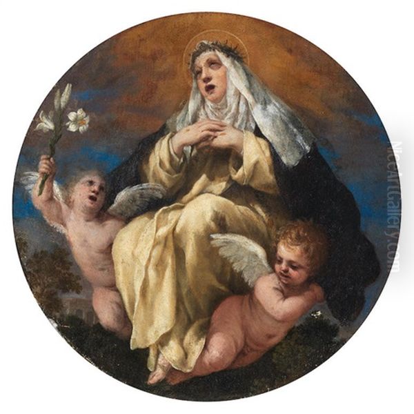 Saint Catherine Of Siena With Two Putti 39.4cm (15 1/2in). Diameter Oil Painting by Pietro da Cortona