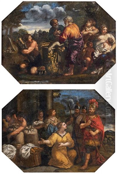 Scene De Sacrifice (+ Abigael Donnant Des Presents A David Pour Reparer L'offense De Son Mari Nabal; Pair) Oil Painting by Pietro da Cortona