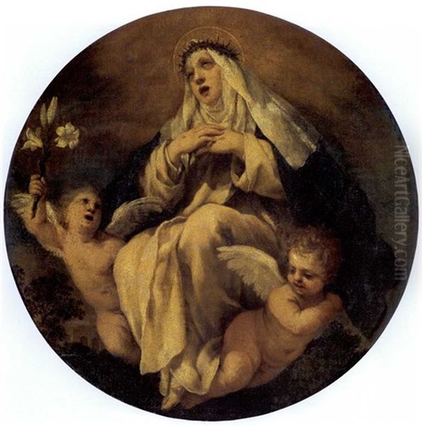 Saint Catherine Of Siena With Two Putti Oil Painting by Pietro da Cortona