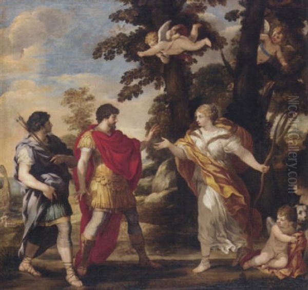 Venus Disguised As A Huntress Appearing In Aeneas And Achates Oil Painting by Pietro da Cortona