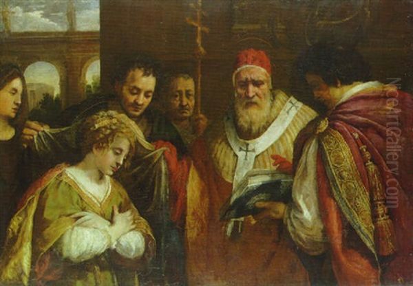 Saint Domitilla Receiving The Veil From Pope Clement Oil Painting by Pietro da Cortona