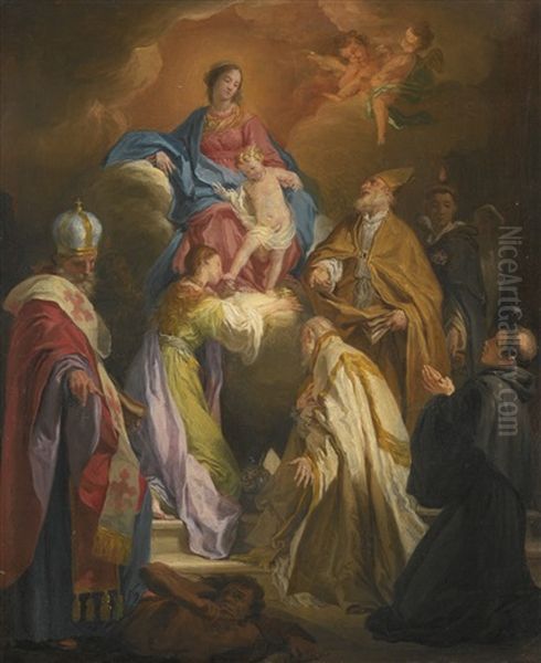 The Madonna And Child Attended By Saints And Bishops Oil Painting by Domenico Corvi