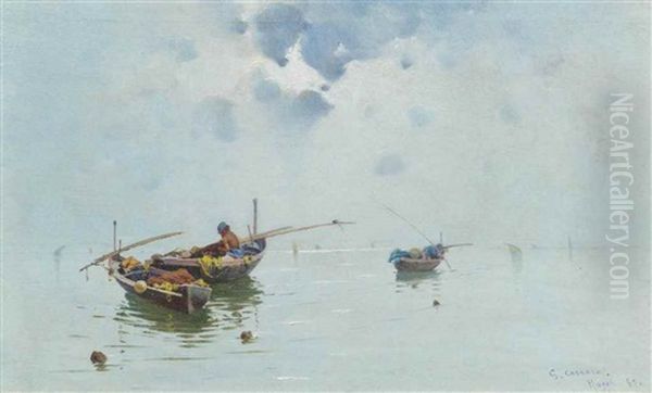 Fishermen Off The Coast Of Naples Oil Painting by Giuseppe Cosenza