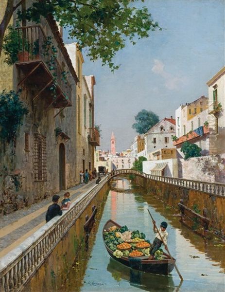 View Of A Venetian Canal Oil Painting by Giuseppe Cosenza