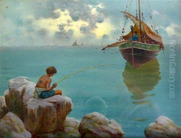 A Triptych, Bay Of Naples Oil Painting by Giuseppe Cosenza