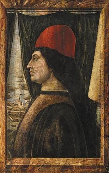 Ritratto Di Gentiluomo Con Cappello Rosso, Visto Di Profilo Attraverso Una Finestra Oil Painting by Francesco Del Cossa