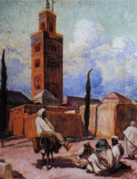 Animation Devant La Koutoubia A Marrakech Oil Painting by Adolphe Cossard