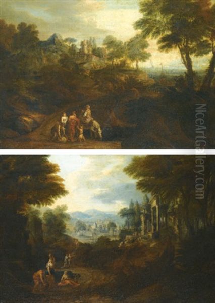 Italianate Landscapes With Riders And Classical Ruins (pair) Oil Painting by Jan Joost van Cossiau