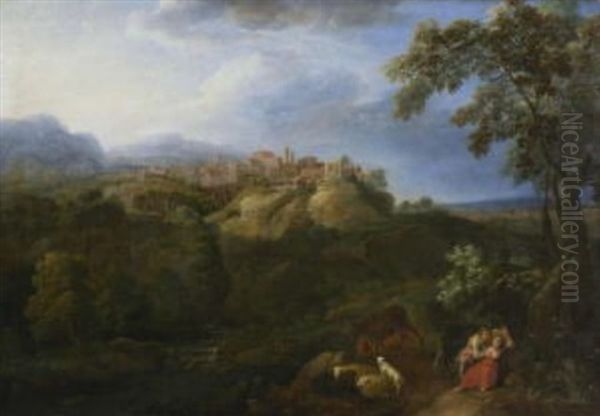 Italienische Ideallandschaft, Im Vordergrund Ein Hirtenpaar Mit Herde Oil Painting by Jan Joost van Cossiau