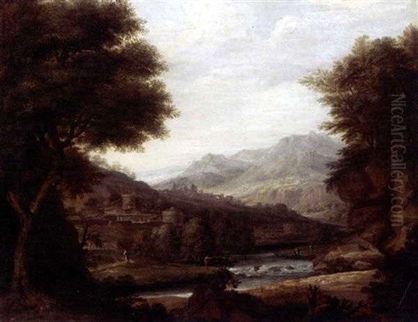 An Extensive Italianate Landscape With Figures Beside A River Oil Painting by Jan Joost van Cossiau